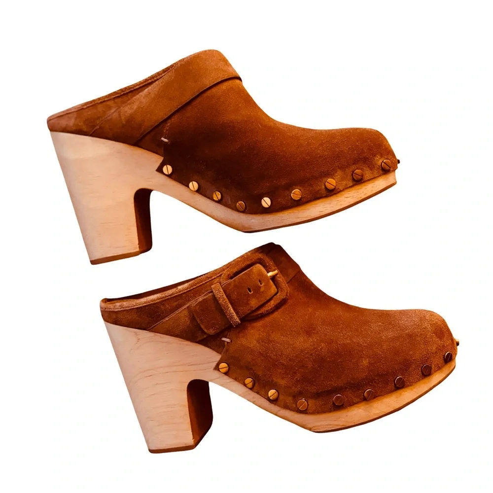 🌰Veronica Beard Dacey Studded Suede Clogs in Pecan, Size 9 - Picture 3 of 11